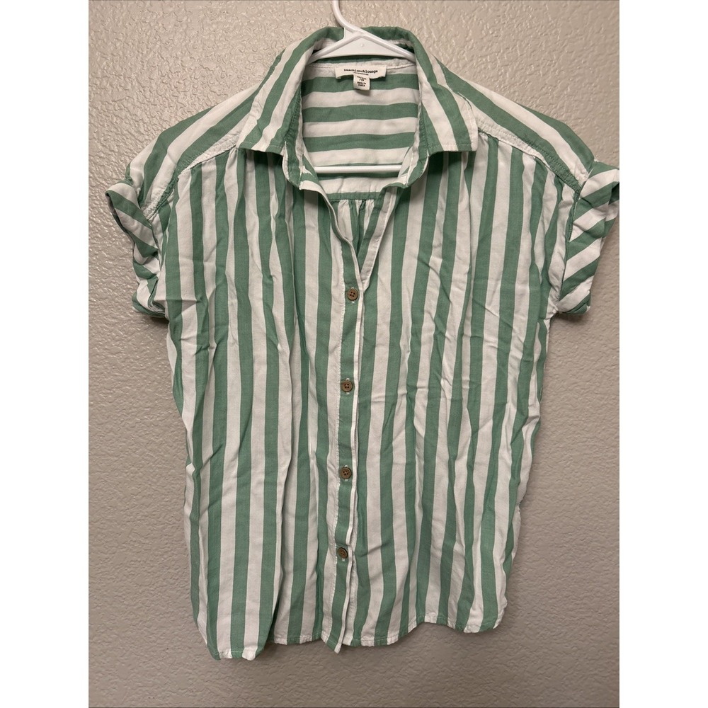 Beach Lunch Lounge Striped Short Sleeve Button Up Top Size XS Green And White